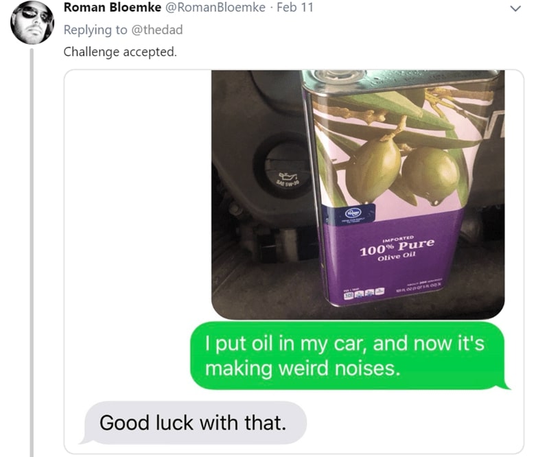 olive oil in car dad prank